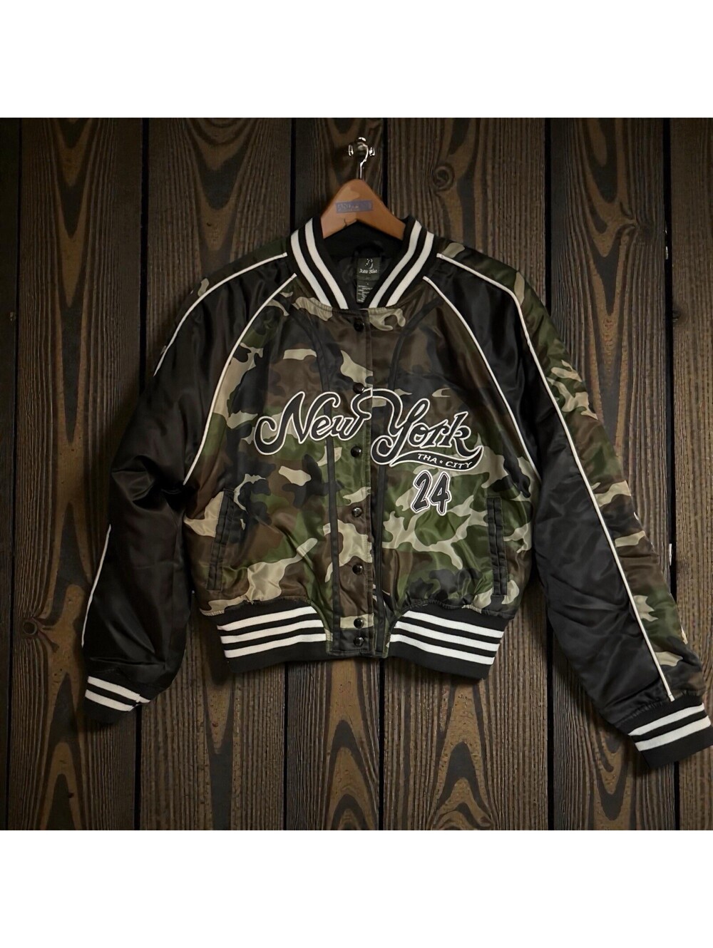 Raw Blue NY Tha City 24 Camo Varsity Jacket DS Y2K Boutique Large